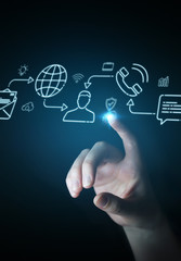 Businesswoman using thin line social network icons interface