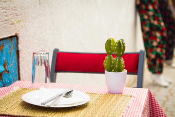 Pot with a cactus on a table with a checkered tablecloth on a narrow street in the medina of...