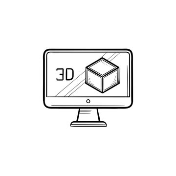 Computer monitor with 3D box hand drawn outline doodle icon. Three-dimensional technology concept. Vector sketch illustration for print, web, mobile and infographics on white background.