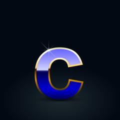 Blue glossy casino letter C lowercase with golden outline isolated on black background