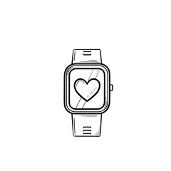 Smartwatch with heart hand drawn outline doodle icon. Fitness watch and healthcare, modern gadget concept. Vector sketch illustration for print, web, mobile and infographics on white background.