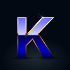 Blue glossy casino letter K uppercase with golden outline isolated on black background