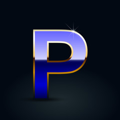 Blue glossy casino letter P uppercase with golden outline isolated on black background