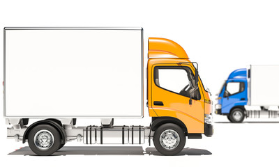 Box Trucks with Passenger Cabins in Orange and Blue Colors 3d rendering
