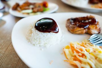 Close up of rice chicken steak