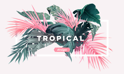 Bright tropical background with jungle plants. Exotic pattern with palm leaves. Vector illustration - obrazy, fototapety, plakaty