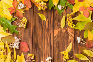 Autumn banner with colorful tree leaves and dry flowers on brown wooden background - natural fall frame with foliage.