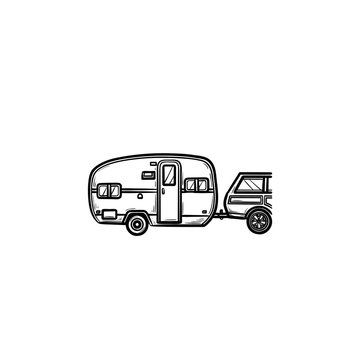 Camper And Car Hand Drawn Outline Doodle Icon. Caravan Vacation And Trip, Travel Trailer, Recreation Concept. Vector Sketch Illustration For Print, Web, Mobile And Infographics On White Background.