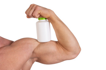 Sports supplements and attractive athletic man. White background.