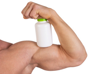 Sports supplements and attractive athletic man. White background.
