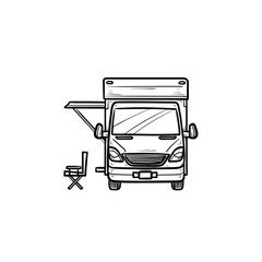 Motorhome with tent hand drawn outline doodle icon. Caravan and vacation, recreation and rv, camper concept. Vector sketch illustration for print, web, mobile and infographics on white background.