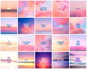 BIG set of 20 square blurred nature dark purple violet pink backgrounds. With various quotes. Sunset blurred light purple violet blue background