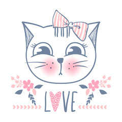Cute cat vector design. Girly kittens. Fashion Cat's face.