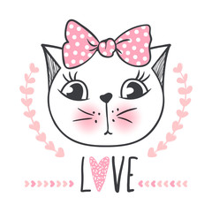 Cute cat vector design. Girly kittens. Fashion Cat's face.