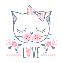 Cute cat vector design. Girly kittens. Fashion Cat's face.