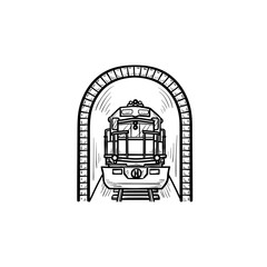Railway tunnel with train hand drawn outline doodle icon. Subway public transport, metro station concept. Vector sketch illustration for print, web, mobile and infographics on white background.
