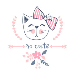 Cute cat vector design. Girly kittens. Fashion Cat's face.
