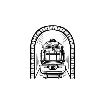 Railway Tunnel With Train Hand Drawn Outline Doodle Icon. Subway Public Transport, Metro Station Concept. Vector Sketch Illustration For Print, Web, Mobile And Infographics On White Background.