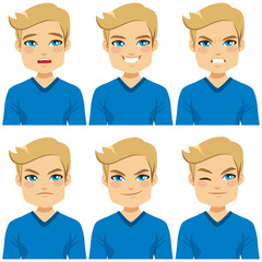 Attractive blond hair young man on six different face expressions collection with blue shirt