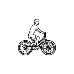 Fototapeta na wymiar Man riding a bike hand drawn outline doodle icon. Cycle and fitness, recreation and travel activity concept. Vector sketch illustration for print, web, mobile and infographics on white background.