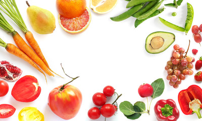 Various vegetables and fruits isolated on white background, top view, flat lay