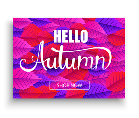 Hello autumn promo poster with leaves pattern.