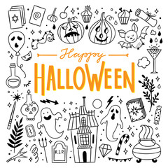 Obraz premium Happy Halloween icons set. Outline hand drawn illustrations for Halloween celebration. Cute pumpkins, ghosts, magic elements and subjects collection