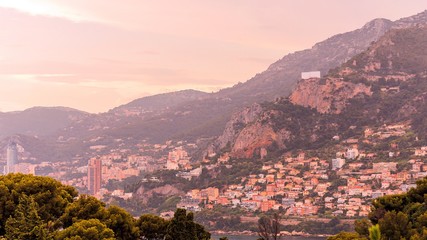Naklejka premium Tête de Chien (Dog's Head) at sunset, near the medieval village of La Turbie and above the Principality of Monaco, in French Riviera, Cote d’Azur, France