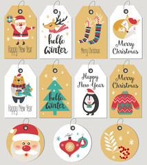 Fototapeta premium Set of Merry Christmas and New Year gift tags and cards.