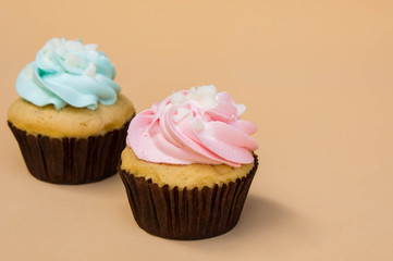 sweet cup cake dessert on yellow background and copy space