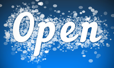 Open - white text written on blue bokeh effect background