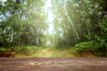 Fototapeta na wymiar An empty wooden table overlooking a blurred green bokeh background, copy space for your text. Creative background, place for installation. Nature concept