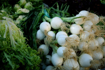 Fresh onions and green-stuff on the market counter