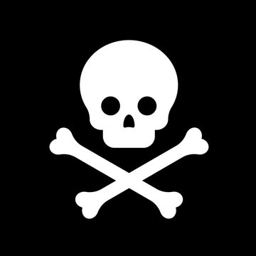 The pirate flag design. Vector icon of skeleton skull with crossed bones. Symbol of death, piracy or poison. Horror drawing of dead head on black background. Deadly dangerous concept.