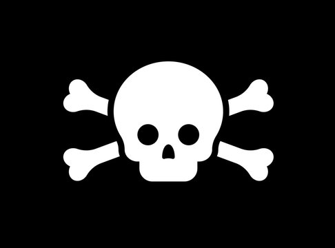 The pirate dark flag design. Vector icon of skeleton skull with white crossed bones. Horror drawing of dead head on black background. Crossbones below the piracy skull. Warning silhouette sign.