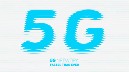 Vector abstract 5G new wireless internet connection background. Global network high speed network. Abstract blue 5G symbol with volumetric embossed curly lines on a white background.