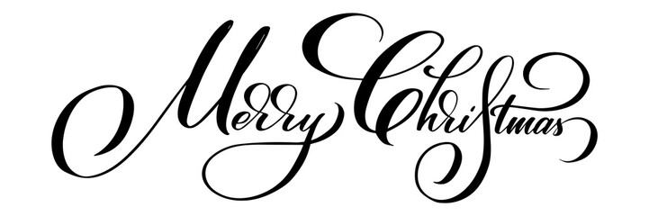 Merry Christmas vector calligraphic lettering. Black on white greetings design for card template. Creative handwritten typography for holiday greeting cards, posters, banners etc.