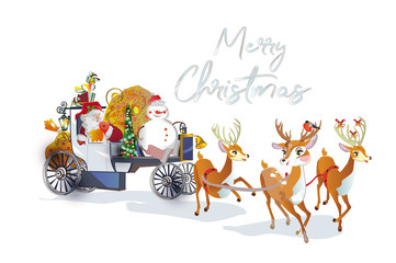 Christmas card with Santa Claus in the carriage with cute deers. Cartoon style.