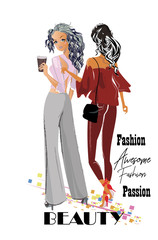 Series of Fashion cute girls sketches with accessories. Beautiful women. Hand drawn vector illustration.