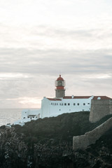 View of the lighthouse and cliffs at Cape St. Vincent in Portugal. The most south-western point of Europe.