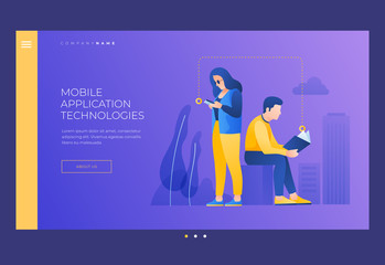 Young man and woman reading book and from your phone screen. Concept of reading and learning.  Self learning. Reading In Public Areas. Title for website. Homepage. Vector image.