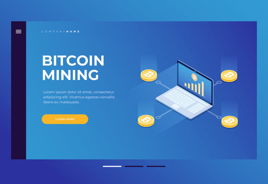 Scheme of occurrence bitcoin. Cryptocurrency mining on laptop. 3d isometric flat design. Homepage. Title for the website. Vector illustration.