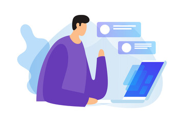 Сoncept of digital technologies, social networks and dialogues over Internet. Young man sits with laptop and rewrites in chat. Vector flat illustration.