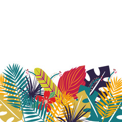 Tropical background with colorfull leaves. Herbal design with plants for cards, invitation, posters, greeting design with blank space for a text