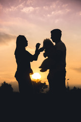 Fototapeta na wymiar the silhouette of a couple with their shihtzu dog in a sunset