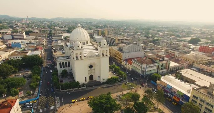 An aerial view of the San Salvador Cathedral in the historic center of El Salvador