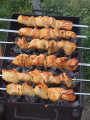 Cooking the Turkey meat on the coals. Chargrill. Shish kebab on skewers.
