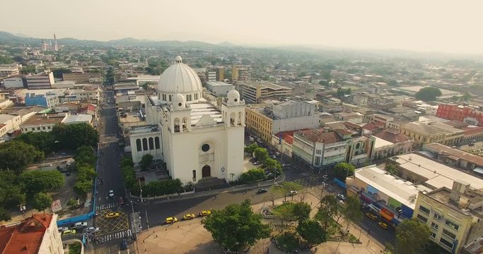 An aerial view of the San Salvador Cathedral in the historic center of El Salvador