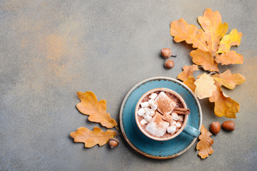 Hot Chocolate with Marshmallows and Autumn Leaves on Stone or Concrete Background 