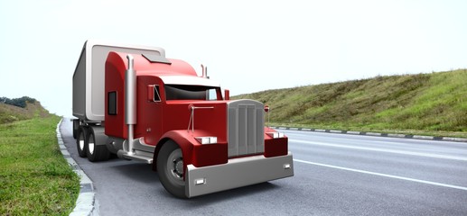 American style red truck. Semi Truck with Cargo Trailer. 3D rendering